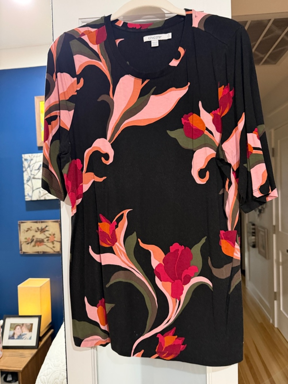 Chico's Black Tee with Pink and Red Floral Print